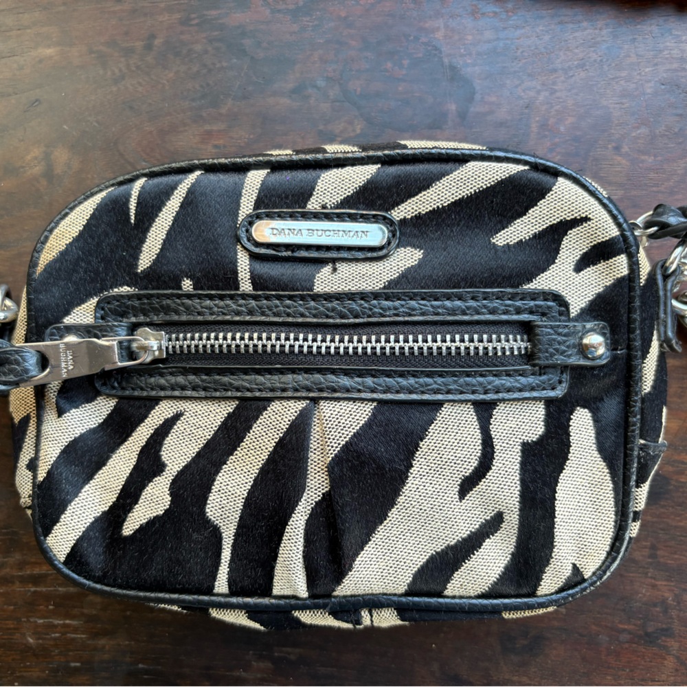 Small Dana Buchman Purse, Black/Tan Animal Print w/ Adjustable Strap